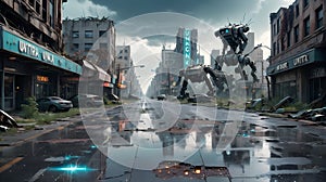 Robots Patrol Rainy, Abandoned Cityscape Post-Apocalypse