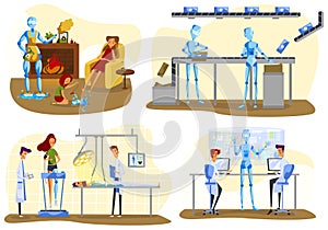 Robots and people, future technologies, artificial intelligence vector illustration