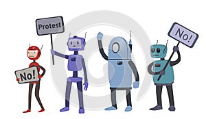 Robots on protest actions. The fight for robot rights. Vector illustration, isolated on white.