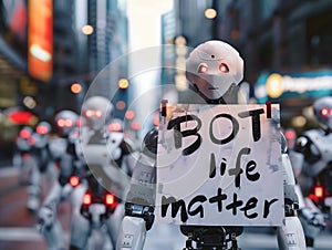 Robots protesting in the streets, Ai life matter, Artificial intelligence concept, android with banner, angry bot background