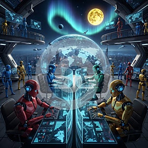 Advanced robots working together in a high-tech environment, surrounded by screens displaying various data and information.