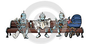 Robots are resting on a park bench