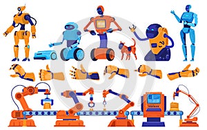 Robots and robotics arm manufacturing, industrial equipment, assembly line machines, robotical engineer workers vector