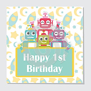 Robots on rocket background suitable for birthday invitation card design