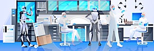 robots with scientists in protective suits making experiments in lab genetic engineering artificial intelligence concept
