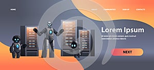 robots in server room big cloud data analysis artificial intelligence technology concept full length horizontal