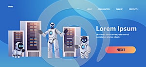 robots in server room big cloud data analysis artificial intelligence technology concept full length horizontal