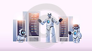 robots in server room big cloud data analysis artificial intelligence technology concept