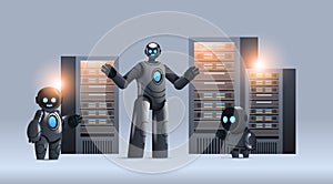 robots in server room big cloud data analysis artificial intelligence technology concept