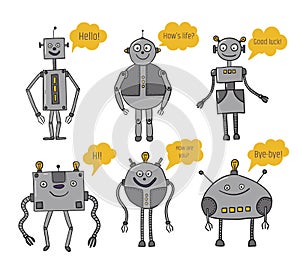Robots set. Bots say. Artificial Intelligence. Future technologies. Metal characters. Robotization and automation of