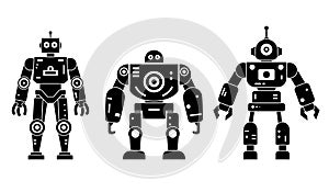 Robots set happy funny black icons. Machine technology cyborg silhouette. Futuristic humanoid characters set. Science