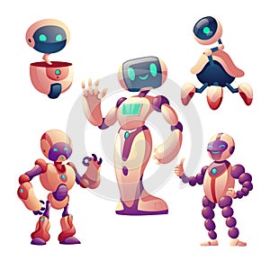 Robots set. Humanoid cyborgs with face, body, arms