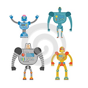 Robots Set . Space invaders Cyborgs. Iron colored robots.