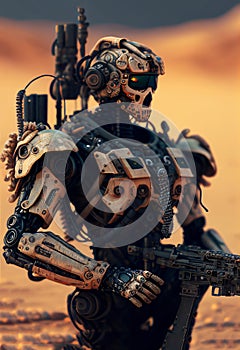 Robots. Soldier Robot hyper realistic. Conceptual project 2025. Futuristic interpretation. Illustration for advertising, cartoons photo