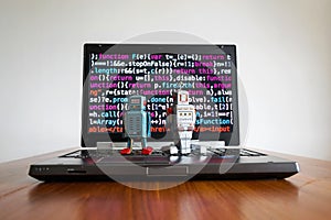 Robots with source code screen, artificial intelligence, deep learning concept