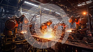 Robots steel welding in a production line at factory. Heavy industry. Artificial intelligence, Generative AI