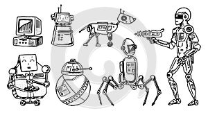 Robots and technology evolution. Stages Development of androids. Artificial intelligence concept. Hand drawn Future