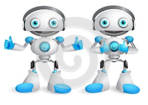 Robots vector character set. Funny mascot robot design element