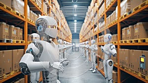 Robots in the warehouse, artificial intelligence, supply chain future, data, tech, abstract illustration AI Generated