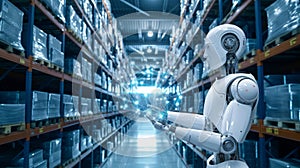 Robots in the warehouse, artificial intelligence, supply chain future, data, tech, abstract illustration AI Generated