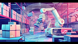 Robots in the warehouse, artificial intelligence, supply chain future, data, tech, abstract illustration AI Generated