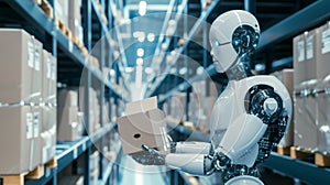 Robots in the warehouse, artificial intelligence, supply chain future, data, tech, abstract illustration AI Generated