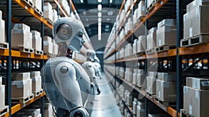Robots in the warehouse, artificial intelligence, supply chain future, data, tech, abstract illustration AI Generated