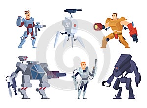 Robots warriors. Characters in exoskeleton brutal future soldiers technology android with guns vector cartoon mascot