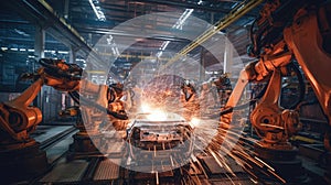 Robots welding in Automobile assembly line production. Heavy industry. Artificial intelligence, Generative AI