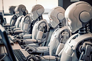 Robots work at computers in an office in a corporation