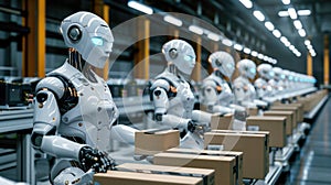 robots work places boxes on pallets in smart factories.