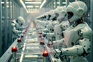 Robots working on an assembly line in a factory