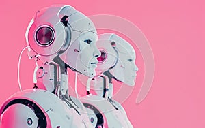 Robots working in call center modern office. AI centered world concept. Neural networks, deep learning, tech savvy, augmented