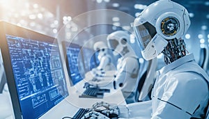 Robots working on computers in futuristic office setting