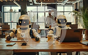 Robots working in the office together. AI centered world concept. Automation, robotics, machine learning, artificial intelligence