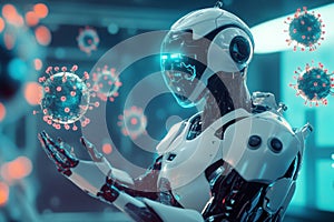 Robots working to neutralize viruses in a futuristic laboratory environment using advanced technology and precision photo