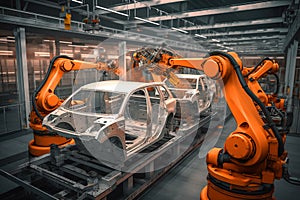 Robots in workshop of automobile plant. Automotive robotic factory. Welding Robot, assembly line production cars Manufacture