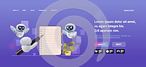 robots writing in notebook robotic characters planning on note control list on notepad survey quiz to-do list agreement
