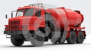 Robust red cement mixer truck isolated on white background.