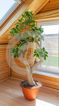 Robust rubber plant with large green leaves in a terracotta pot by a window in a log cabin