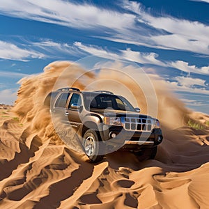 Robust SUV navigating through desert terrain, kicking up clouds of sand in its trail against a vivid blue sky.