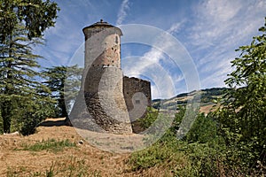 Rocca San Casciano, Forli Cesena, Emilia Romagna, Italy: tower and ruins of the medieval castle called Castellaccio