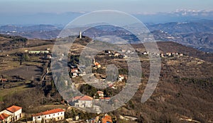 Roccaverano village and hills winter panorama. Color image