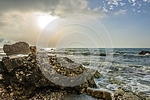 Rocce nere beach at sunrise, Conero NP, Marche, Italy photo