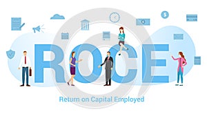 Roce return on capital employed concept with big word or text and team people with modern flat style - vector