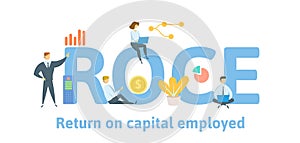 ROCE, Return On Capital Employed. Concept with people, letters and icons. Flat vector illustration. Isolated on white