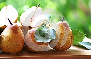 rocha pears and leaves on table