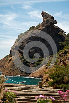 Rocher du capucin cliff in blue Calanque de Figuerolles near La Ciotat, Provence, France