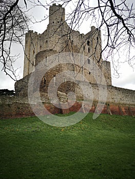 Rochester Kent UK castle cathedral history with forefront trees overhanging