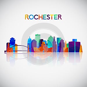 Rochester skyline silhouette in colorful geometric style.